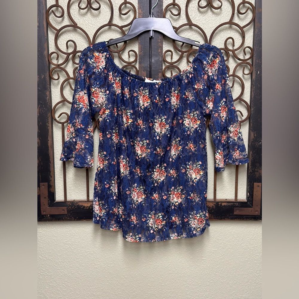 Exclusive One double layered navy blue floral lace top